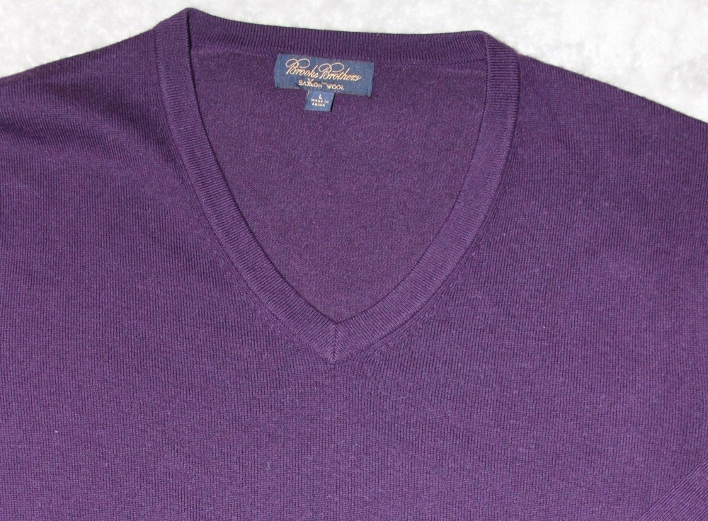 Brooks Brothers Wool Sweater Mens L Purple V Neck Tight-Knit Pullover Classic